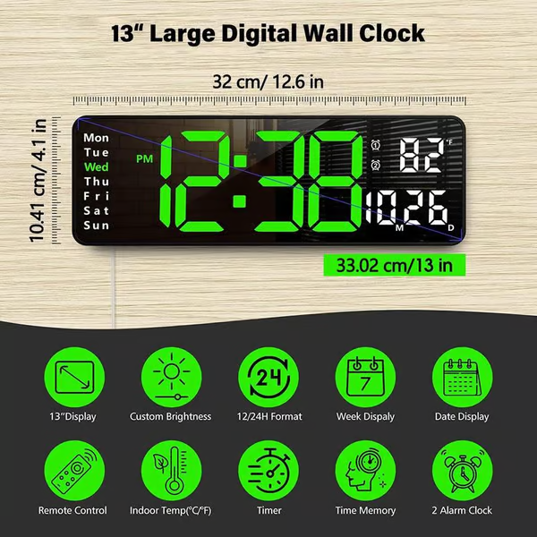 13" Large Digital Clock with Temperature